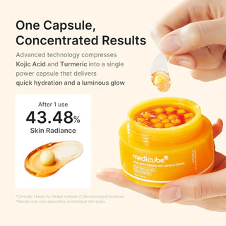 Medicube Kojic Acid Turmeric Vita Capsule Cream 53g jar showing the product container with the label and cream inside.