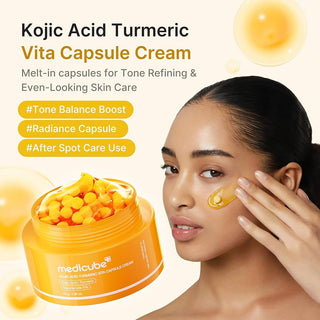 Medicube Kojic Acid Turmeric Vita Capsule Cream 53g jar showing the cream's smooth texture and packaging details.