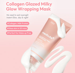 Medicube Collagen Milk Toning Wrapping Mask for face, showing the packaging and product in a skincare setting.