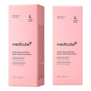 Medicube PDRN Pink Caffeine Night Wrapping Mask applied on face, showing its pink color and skin-friendly texture for nighttime skincare.