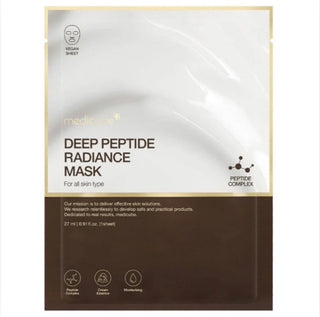 Medicube Deep Peptide Radiance Face Sheet Mask, 27mL, with nourishing ingredients for brightening and skin rejuvenation.