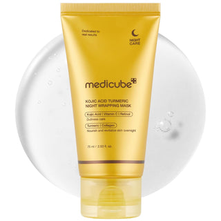 Medicube Kojic Acid Tumeric Night Wrapping Mask in a jar, a face sheet mask with brightening ingredients and a soothing application.