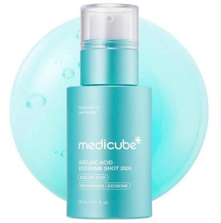 Medicube Azelaic Acid Exosome Shot serum in a 30mL bottle, showcasing the clear container with product label and applicator.