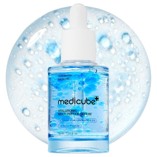 Medicube Hyaluronic Multi Peptide Serum in 30mL bottle, showing clear liquid serum with pump dispenser and sleek packaging.