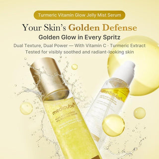 Medicube Kojic Acid Turmeric Vita Jelly Mist Serum in a clear 100ml bottle with a pump dispenser, featuring vibrant packaging.