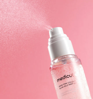 Medicube PDRN Pink Collagen Glow Jelly Mist Serum in 100ml bottle, showing the pink-colored serum with a clear bottle and label.