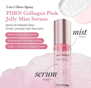 Medicube PDRN Pink Collagen Glow Jelly Mist Serum 100mL bottle with a translucent pink liquid inside.