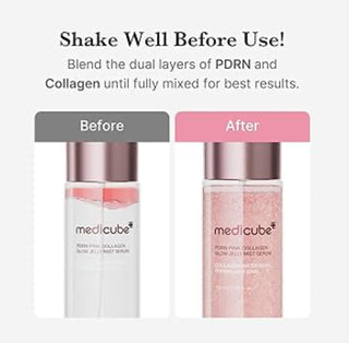 Medicube PDRN Pink Collagen Glow Jelly Mist Serum in a clear 100mL bottle with a pink label and spray nozzle.