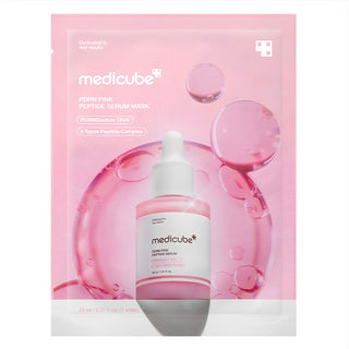 Medicube PDRN Pink Peptide Serum Mask, sheet mask with pink peptide formula for skincare, shown on a white background.