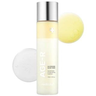 Medicube Age-R Glutathione Glow Toner in 140mL bottle, featuring clear liquid with a smooth texture for brightening skin.