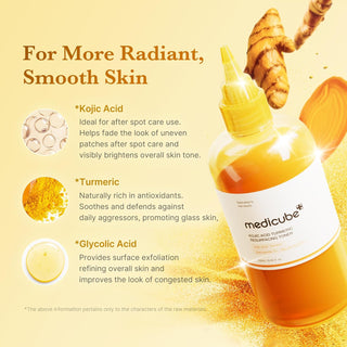 Medicube Kojic Acid Turmeric Resurfacing Toner 250mL bottle, clear liquid with label, designed for skin brightening and exfoliation.