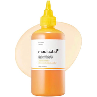 Medicube Kojic Acid Turmeric Resurfacing Toner in a 250mL bottle, showing the product label and packaging.