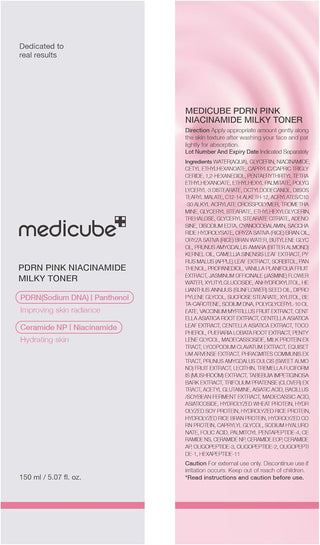 Medicube PDRN Pink Niacinamide Milky Toner in a 150mL bottle, showing the light pink liquid and clean packaging.