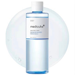 Bottle of Medicube Zero Pore Toner 250mL with clear label, showcasing its skincare packaging and minimalist design.