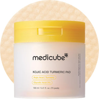 Medicube Kojic Acid Turmeric Toner Pad, a pack of 70 exfoliating toner pads with brightening ingredients.