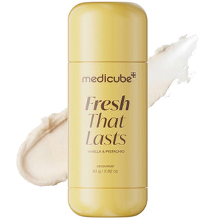 Medicube Vanilla & Pistachio deodorant stick showing the 83g container with vanilla and pistachio flavor labels.