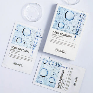 Mediheal Aqua Soothing Ampoule Mask showing a sheet mask soaked in hydrating serum for soothing skin care.