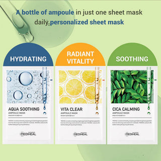 Mediheal Aqua Soothing Ampoule Mask, a hydrating face mask with soothing ingredients, displayed in its packaging.