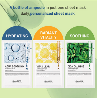 Mediheal Cica Calming Ampoule Mask spread out on a surface, designed to soothe and hydrate skin with calming ingredients.