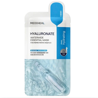Mediheal Watermide Essential Face Sheet Mask, 24mL, with hydrating ingredients, spread over face in a skincare application image.