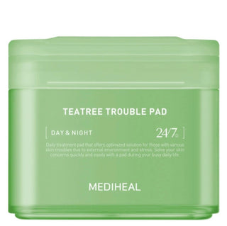 Mediheal Teatree Trouble Pad 170mL toner pads for acne-prone skin, shown in a jar with 100 pads arranged inside.
