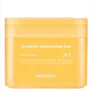Mediheal Vitamide Brightening Pad toner pads in a 180ml container, featuring 100 brightening skincare pads.