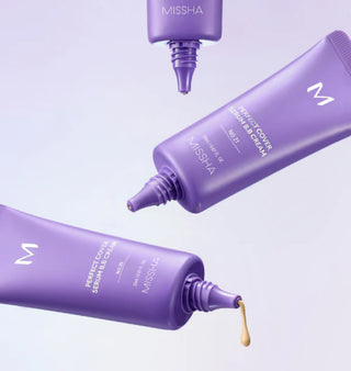 Missha M Perfect Cover Serum BB Cream 50ml in a tube with a pump dispenser, showcasing smooth, light beige coverage for even skin tone.