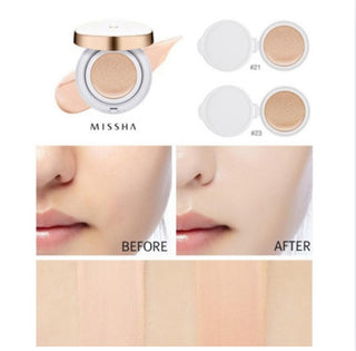 MISSHA Magic Cushion Cover Lasting foundation in 15g, with a compact case and applicator sponge visible.