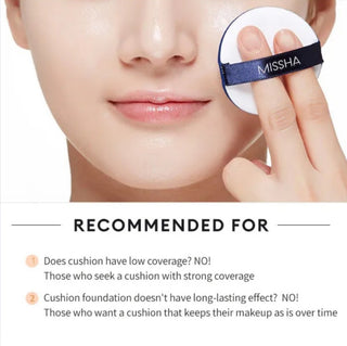 MISSHA Magic Cushion Cover Lasting foundation in 15g, compact with a smooth beige surface and product labeling on the front.
