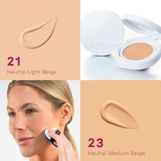 MISSHA Magic Cushion Cover Lasting foundation in a 15g compact with a soft sponge applicator and sealed lid.