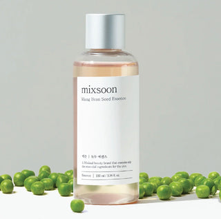 Mixsoon Mung Bean Seed Essence serum bottle, 100mL, with a focus on the product label and packaging.