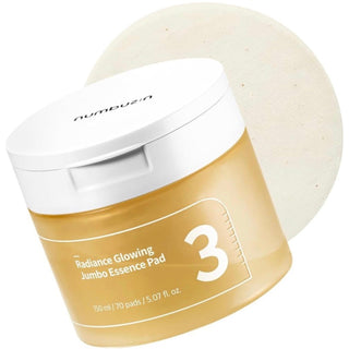 Numbuzin No.3 Radiance Glowing Jumbo Essence Pad for brightening and hydrating skin, large cotton pad with essence soaked surface.