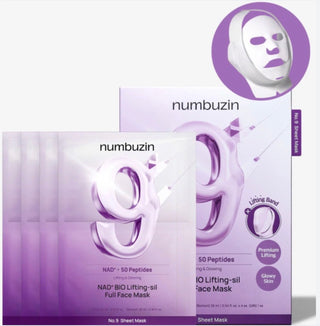 Numbuzin No.9 NAD Bio Lifting Face Sheet Mask showing full-cover mask designed for facial skincare and rejuvenation.