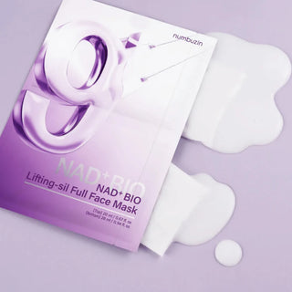 Numbuzin No.9 NAD Bio Lifting full-cover facial sheet mask applied on face, providing hydrating and firming skincare benefits.