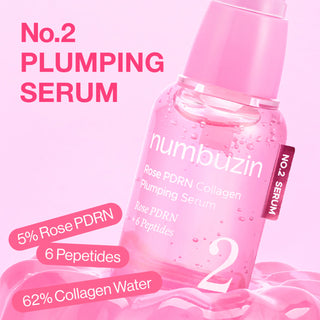 Numbuzin No.2 Rose PDRN Collagen Plumping Serum bottle, 30mL, with rose and collagen ingredients visible in the image.