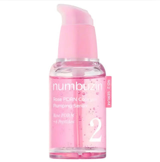 Numbuzin No.2 Rose PDRN Collagen Plumping Serum bottle with label, showing a clear glass container with pink liquid inside.