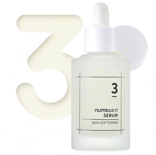 Numbuzin No.3 Skin Softening Serum in a clear glass bottle with dropper, designed for smooth, hydrated skin.