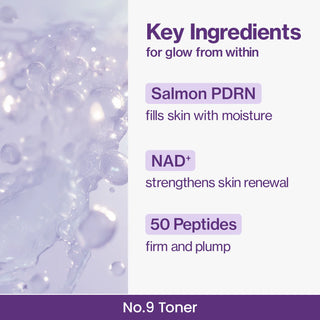 Numbuzin No.9 NAD PDRN Glow Boosting Toner in 150mL bottle, clear liquid with a minimalist label, for radiant skin.
