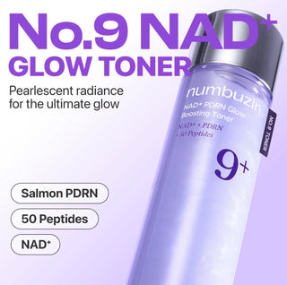Numbuzin No.9 NAD PDRN Glow Boosting Toner 150mL bottle with clear liquid, designed to enhance skin radiance and hydration.