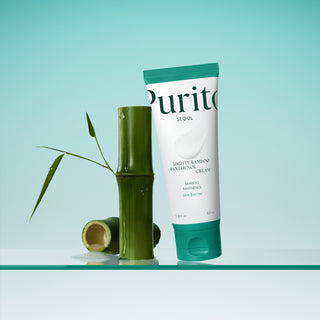 Purito Seoul Mighty Bamboo Panthenol Cream in a 100mL jar, featuring a white and green label, with the cream inside.