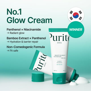 Purito Seoul Mighty Bamboo Panthenol Cream 100mL jar showing the white cream inside and the product label on the packaging.
