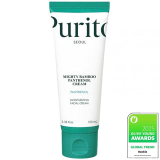 Purito Seoul Mighty Bamboo Panthenol Cream in 100mL jar, showing the white cream texture and packaging label.