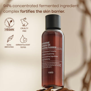 Purito Seoul Fermented Complex 94 Boosting Essence bottle, clear liquid in a pump bottle, skincare product for glowing skin.