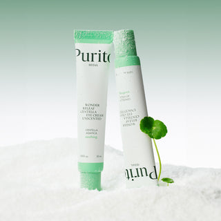 Purito Seoul Wonder Releaf Centella Eye Cream unscented in a 30mL jar, designed for gentle under-eye skin care.