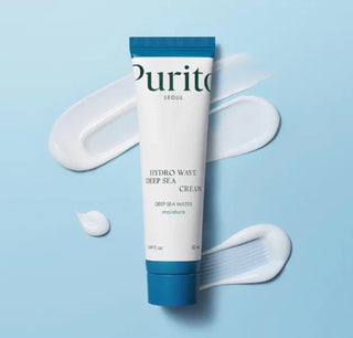 Purito Seoul Hydro Wave Deep Sea Cream, a hydrating moisturizer lotion in a sleek jar with blue and white packaging.