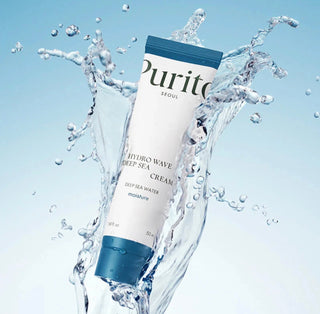 Purito Seoul Hydro Wave Deep Sea Cream lotion and moisturizer in a jar, with a sleek blue packaging design.