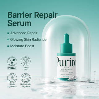 Purito Seoul Mighty Bamboo Panthenol Serum 30mL bottle, clear glass container with pump dispenser and product label on front.