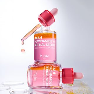 Purito Seoul TXA 6 Niacinamide 10 Retinal Serum 30ml bottle with dropper, showcasing clear serum inside the glass container.