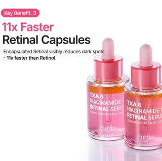 Purito Seoul SEOUL TXA 6 Niacinamide 10 Retinal Serum 30ml bottle, featuring a sleek dropper and label design.