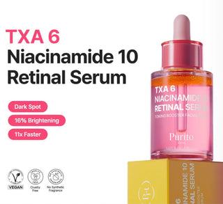 Purito Seoul SEOUL TXA 6 Niacinamide 10 Retinal Serum 30ml bottle with dropper, showing the product label and clear glass container.